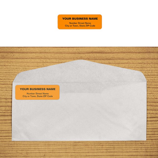 Etiqueta de dirección de devolución de negocio nar (Plain text orange business return address label on envelope)