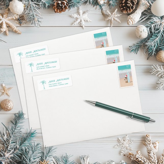 Etiqueta de dirección de devolución de Palma Teal  (Tropical Seas & Greetings Teal Palm Tree Return Address Label)