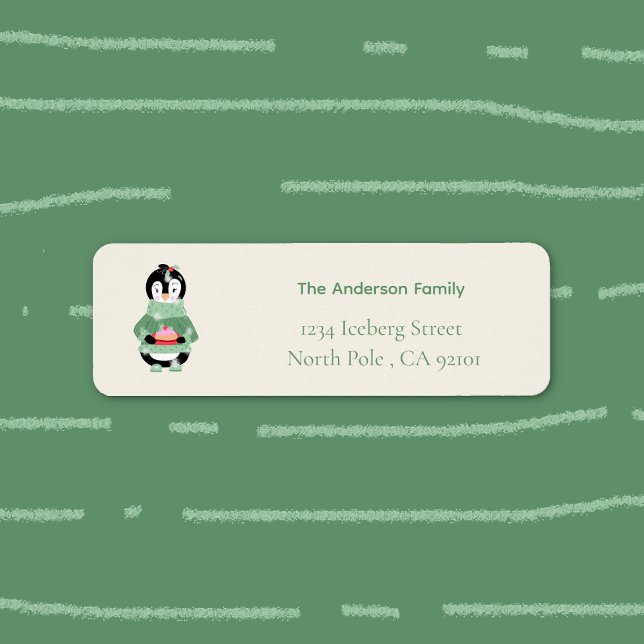 Etiqueta de dirección de devolución de pingüino co (Festive Holiday return address label featuring a cartoon penguin holding a figgy pudding . )