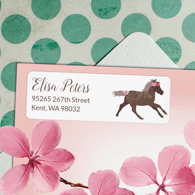 Etiqueta de dirección de devolución de rosas rosad (galloping brown pony wearing pink roses on head pony ride birthday party theme address label mailing)