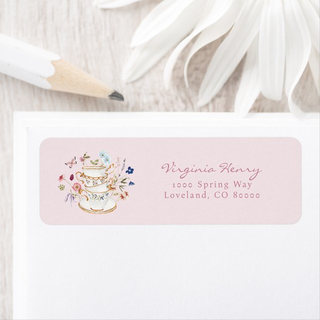 Etiqueta de dirección de devolución de té de boda (Floral Pink Bridal Tea Return Address label by Painted Paperie)