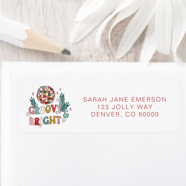 Etiqueta de dirección de devolución de vacaciones  (Colorful Retro Groovy Bright Personalized Holiday Return Address Label by Painted Paperie
)