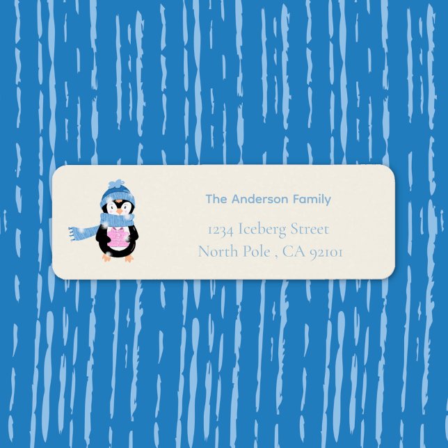 Etiqueta de dirección de devolución de vacaciones  (Cute cartoon penguin with gift Holiday return address label)