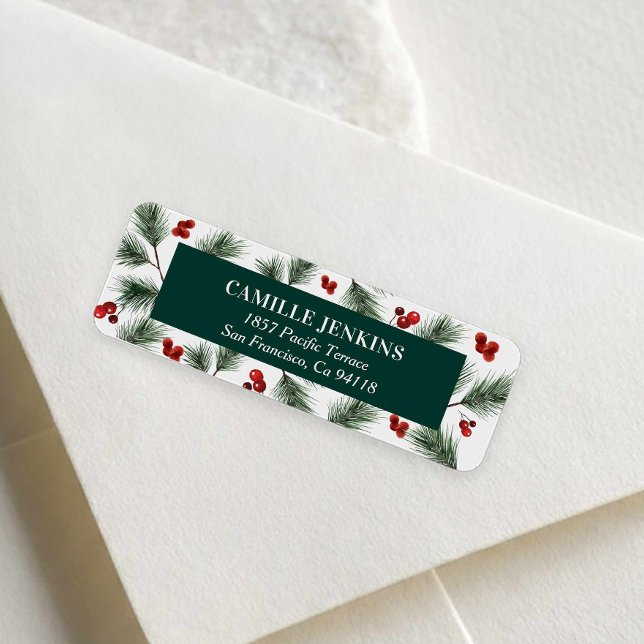 Etiqueta de dirección de devolución de vegetación  (Christmas Holly Berries and Winter Greenery Return Address Label)