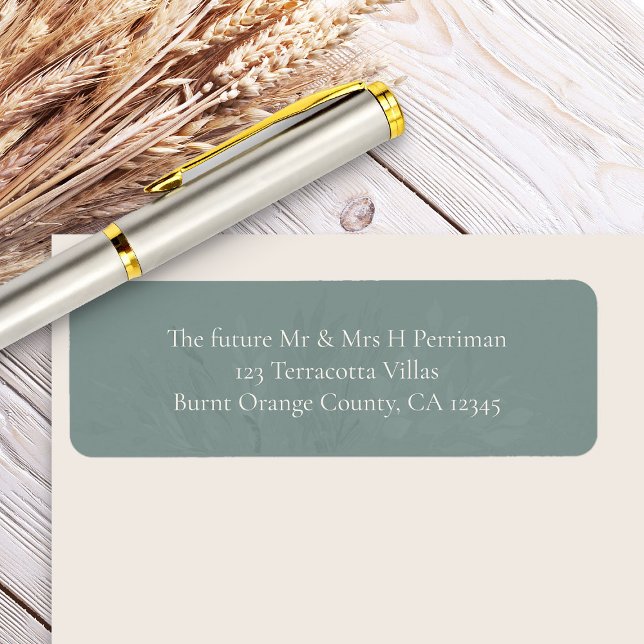 Etiqueta de dirección de devolución de verde salvi (Sage Green Future Mr and Mrs Wedding Address Label - Foliage Duet wedding collection)