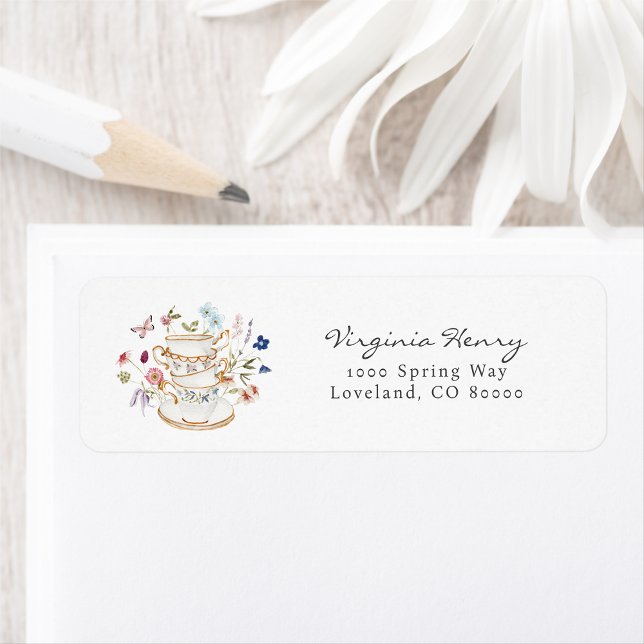 Etiqueta de dirección de devolución del Tea Party (Floral Tea Party Return Address Label by Painted Paperie
)