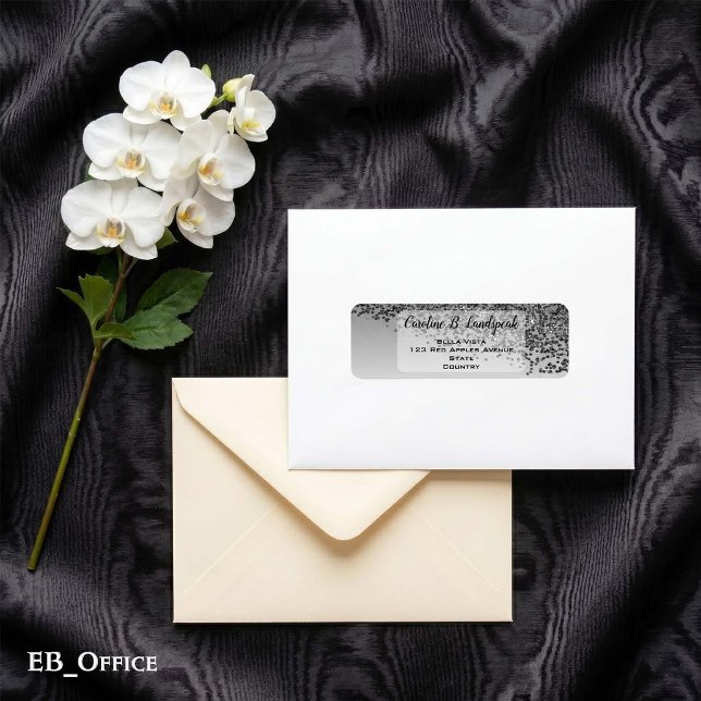 Etiqueta de dirección de devolución elegante con b (Black Glitter Labels: 
2.25” L x 0.75” W
•	30 labels per sheet
•	Sheet: 8.5” L x 11” W
)