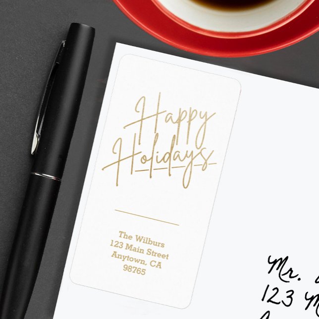 Etiqueta de dirección de devolución Felices Fiesta (Gold script Happy Holidays on white vertical return address labels)