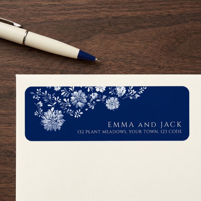 Etiqueta de dirección de devolución floral de acua (Navy Blue Watercolor Floral Return Address Label)