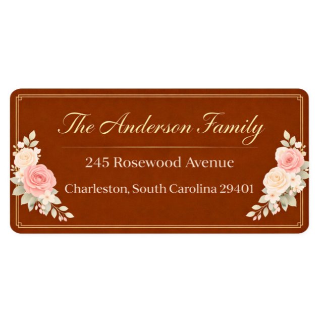 Etiqueta de dirección de devolución floral de lujo (Elegant Floral Address Label — Personalized family stationery featuring soft blush roses and warm br)