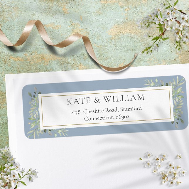 Etiqueta de dirección de follaje de acuarela azul  (Dusty Blue Greenery Watercolor Foliage Address Label)