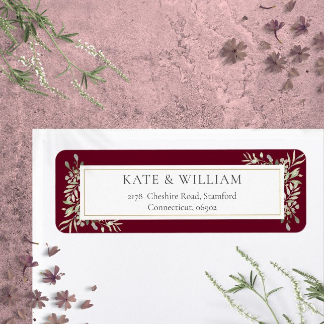 Etiqueta de dirección de follaje de vegetación bot (Burgundy Botanical Greenery Foliage Address Label)