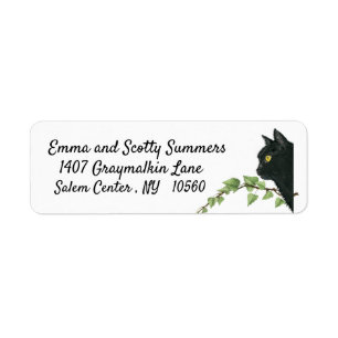 Etiqueta de dirección de gato negro de Halloween