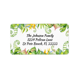Etiqueta de dirección de hojas tropicales colorida