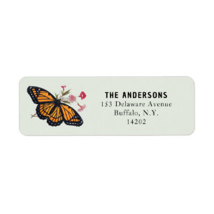 Etiqueta de dirección de mariposa monarca naranja
