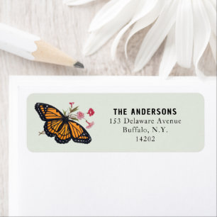 Etiqueta de dirección de mariposa monarca naranja