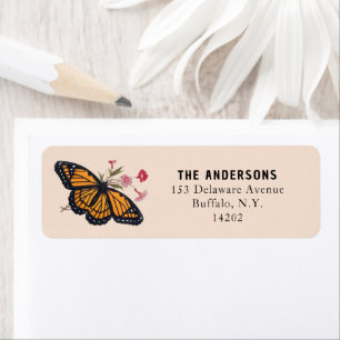 Etiqueta de dirección de mariposa monarca naranja