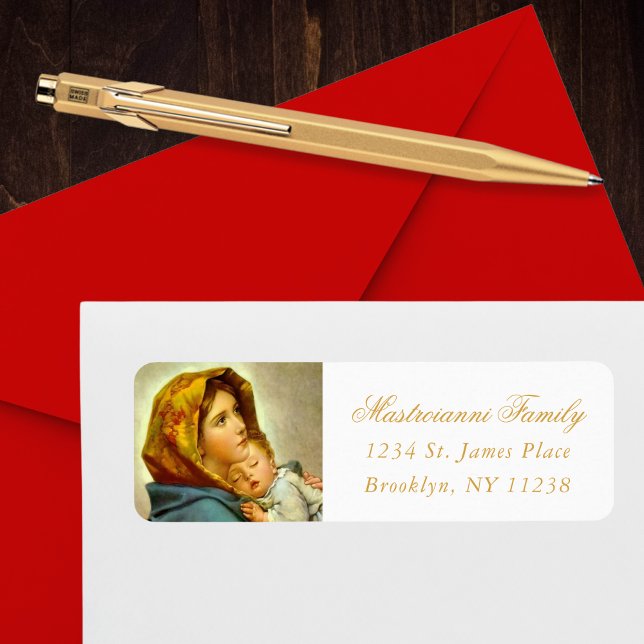 Etiqueta de dirección de Navidades religiosos de M (Madonna & Child religious Christmas return address label in gold and white for Christians)
