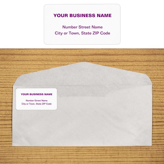 Etiqueta de dirección de negocio de textos puros (Business address label in purple plain text)