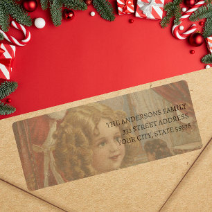 Etiqueta de dirección de niña Santa vintage con mu