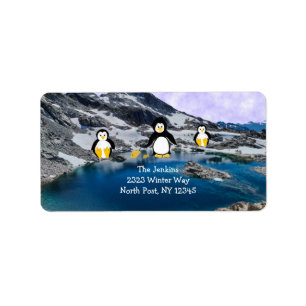 Etiqueta de dirección de pingüinos pescando