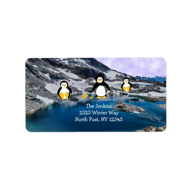 Etiqueta de dirección de pingüinos pescando (Frente)