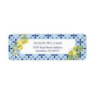 Etiqueta de dirección de regreso de baldosa azul l