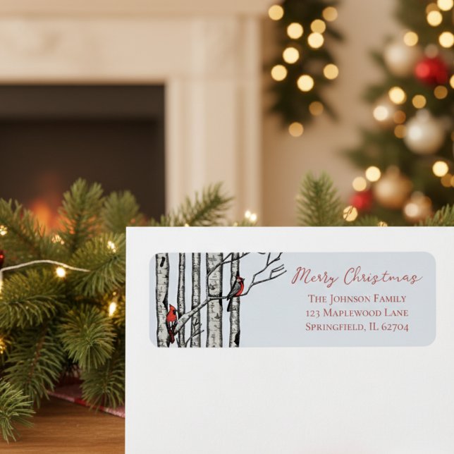 Etiqueta de dirección de regreso de Navidad rústic (Modern Holiday Festive Christmas Return Address Labels. Red Cardinal Birch Seasonal Mailing Stickers)