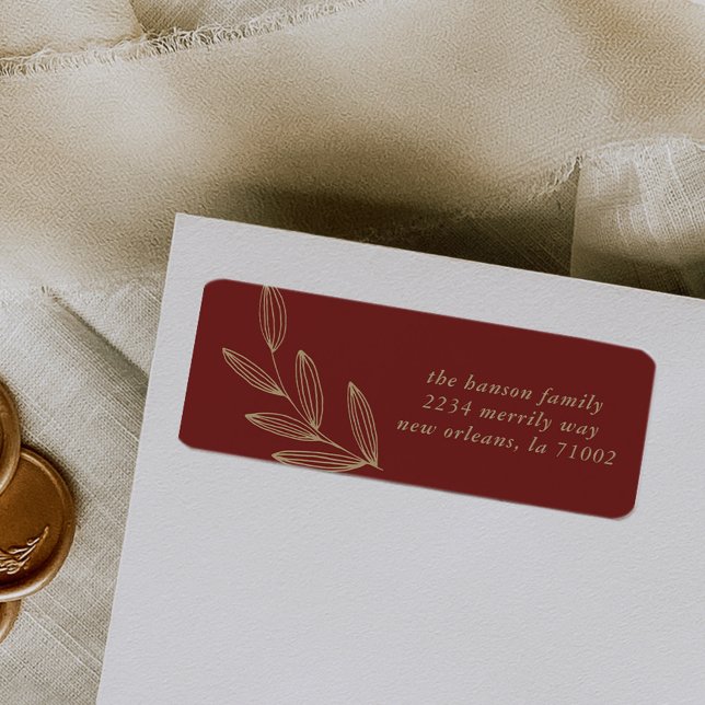 Etiqueta de dirección de retorno de brote rojo pro (Hand-drawn sprout botanical maroon red return address label.)