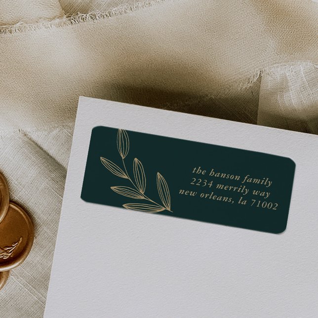 Etiqueta de dirección de retorno de brote verde es (Hand-drawn sprout botanical emerald green return address label.)