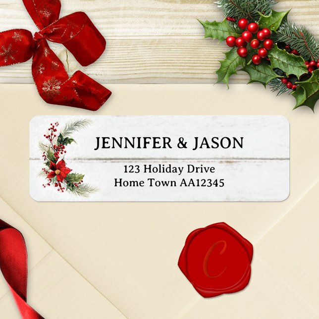 Etiqueta de dirección de retorno de Navidades de m (Christmas return address label featuring a watercolor floral poinsettia design on ivory rustic wood)