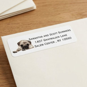 Etiqueta de dirección de retorno de perro pug acua