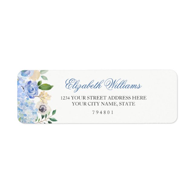 Etiqueta de dirección de retorno floral azul elega (Frente)