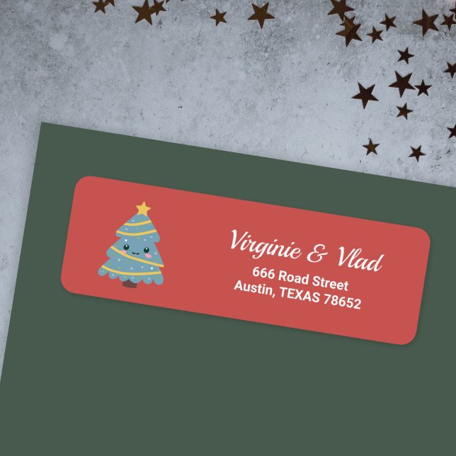 Etiqueta de dirección de retorno roja con árbol de (Red return address label with Kawaii Xmas Tree)