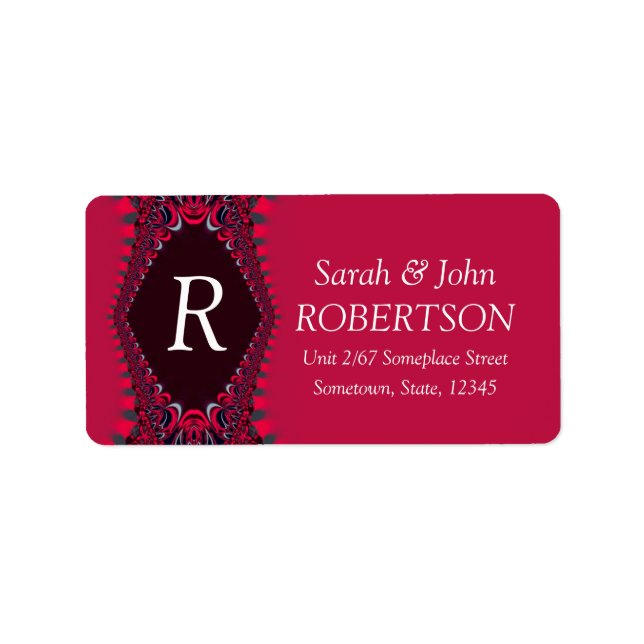 Etiqueta de dirección de satén rojo monogramo (Frente)