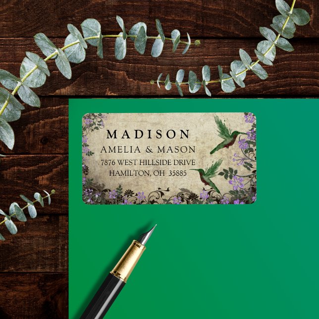 Etiqueta de dirección floral rústica con colibríes (Rustic Hummingbird Floral Address Label)