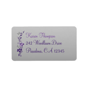 Etiqueta de dirección morada, floral plateada, mar