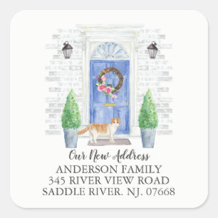 Etiqueta de dirección nueva de puerta azul de gato