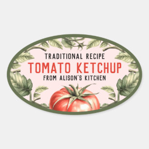 Etiqueta de enlatado oval de Ketchup con tomate ac