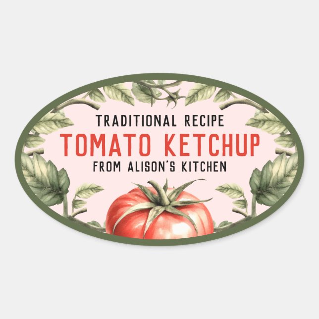 Etiqueta de enlatado oval de Ketchup con tomate ac (Anverso)