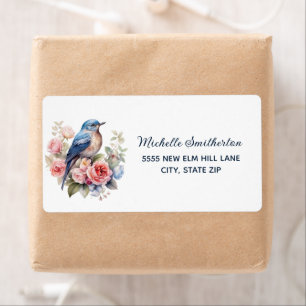 Etiqueta de envío de pájaro azul flores rosadas