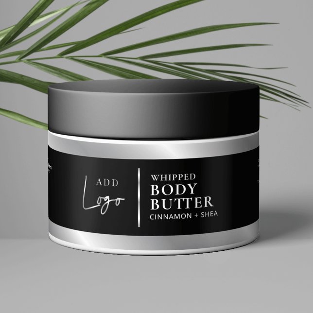 Etiqueta de envolvimiento de barra estética con lo (Elegant black and silver effect cosmetic jar wraparound label with your logo and custom  text)