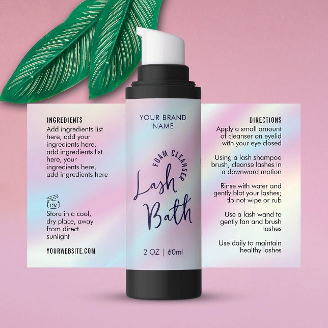 Etiqueta de envolvimiento de frascos holográficos  (Trendy holographic effect lash bath foam bottle wrap around label with fully editable text)