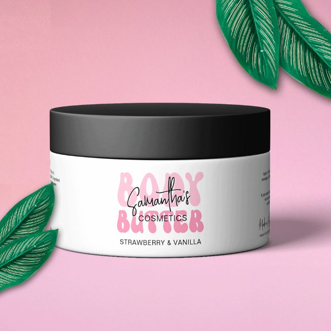 Etiqueta de envolvimiento de manecilla de mantequi (Trendy pink aesthetic body butter jar wrapper label featuring retro fonts and a modern design)