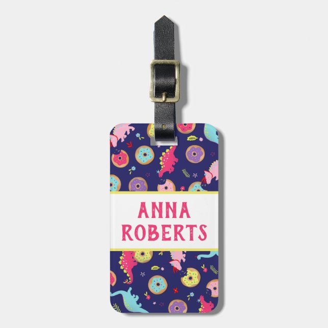 Etiqueta de equipaje de dinosaurios y donuts chica (Frente Vertical)