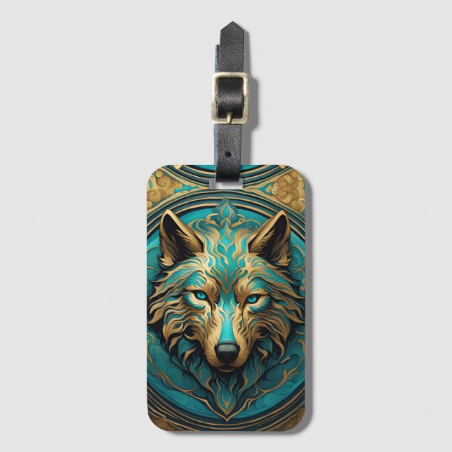 Etiqueta de equipaje de lobo dorado y turquesa (Anverso vertical)