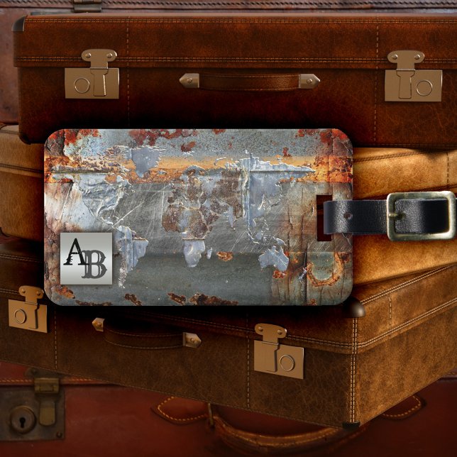 Etiqueta de equipaje del Mapa Mundial Metálico Gru (Retro design luggage tag featuring a grunge metallic map of the world. )