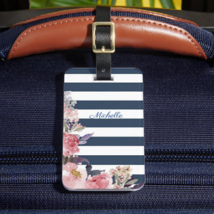 Etiqueta de equipaje monogramada de franja azul y