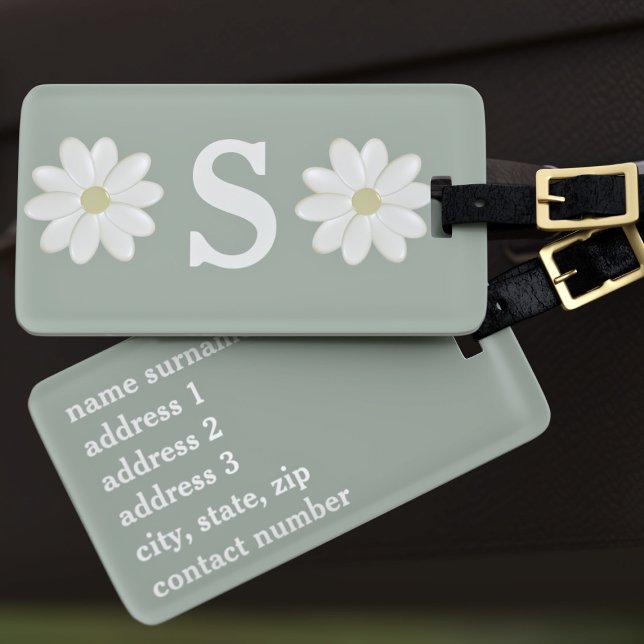 Etiqueta de equipaje monogramada de la margarita v (Sage Green Daisy Monogrammed Luggage Tag just for you)