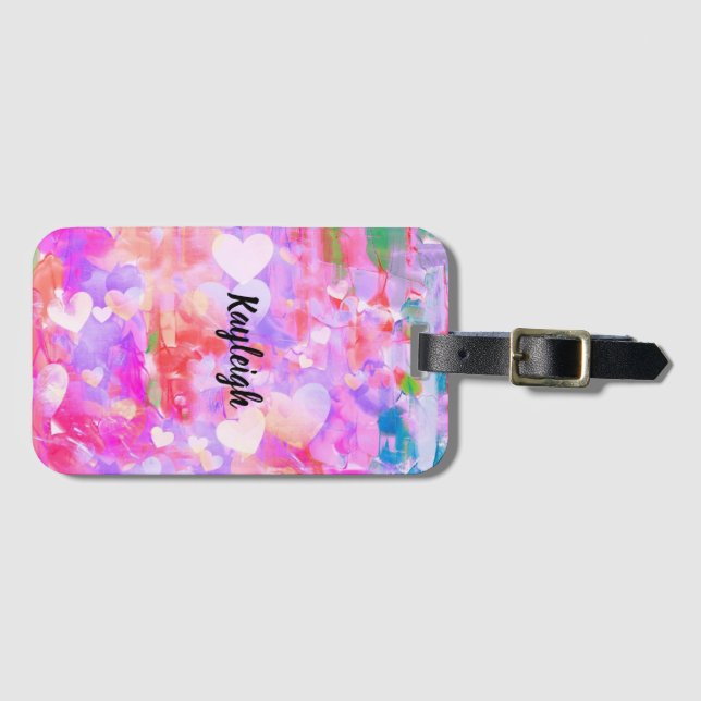 Etiqueta de equipaje personal de corazón rosa (Anverso horizontal)